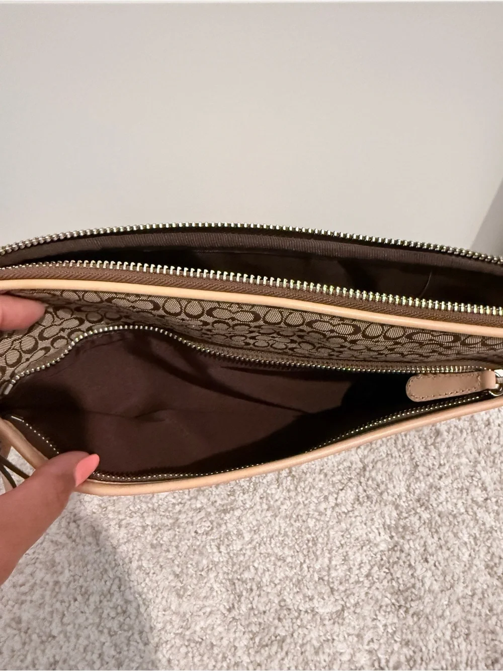 Coach Tan and Brown Signature Makeup Bag